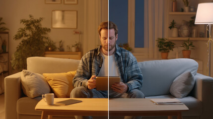 Fototapeta premium Man Slouching on Sofa While Scrolling Phone at Home in Evening