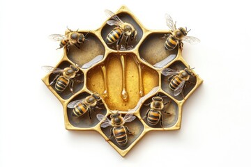 A starshaped honeycomb with bees and dripping honey is displayed on a white