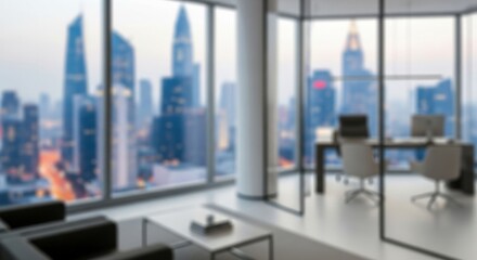 Blurred office room with cityscape view. Modern corporate workspace for business and finance. Abstract background for presentation.