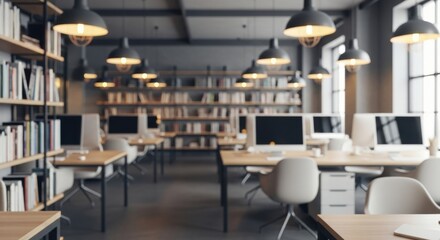 Blurred background of a modern office interior with desks, chairs, computers, shelves, and lights. Abstract workplace for business concept.