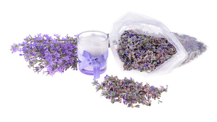 Lavender flowers ,scented candle,dry flower,on isolated white  background