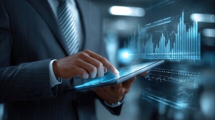 Businessman analyzing financial data charts using visualizing futuristic tablet, a investment trends and market performance