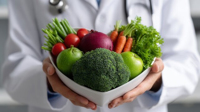 Doctor presenting bowl heart shaped a filled with fresh vegetables, emphasizing the importance of healthy eating habits and nutrition