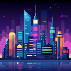Vibrant Cityscape at Night A Colorful Vector Illustration of a Modern Urban Skyline Reflecting in Water Under a Starry Sky Featuring Geometric Buildings and a