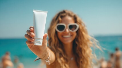 Cheerful female crowds, sunscreen bottle while sunbathing among beach under basking displaying bright summer sky