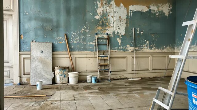 Renovation activities are underway as a team prepares to transform an old, worn-down room with peeling walls and tools visible