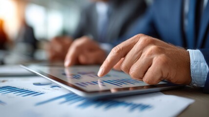 Professional executive reviewing financial workspace on tablet, analyzing market trends and strategic data during collaborative analytics gathering