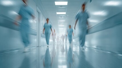 Doctors corridor, nurses rushing through a busy hospital and focused on saving lives with urgency and teamwork