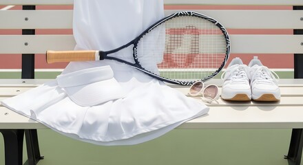 Tennis outfit, including racket, skirt, visor, shoes, and sunglasses, resting on a bench.