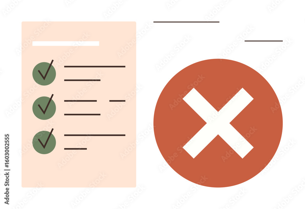 Poster checklist with checkmarks symbolizing completed tasks alongside bold red cross signifying error. ide