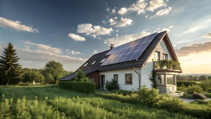 Modern Sustainable House with Solar Panels on Rooftop Under Sunny Sky