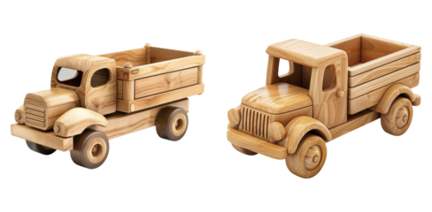 Vintage wooden trucks isolated on transparent PNG image ideal for retro toy collections or early childhood design sets