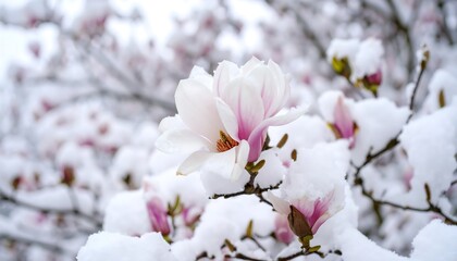 Delicate magnolia blossoms covered in snow