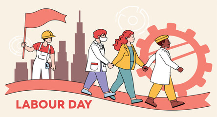 Diverse workers united, walking towards a bright future; Labour Day celebration, modern line art style, optimistic mood.