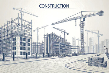 Architectural sketch of a city skyline under construction with cranes