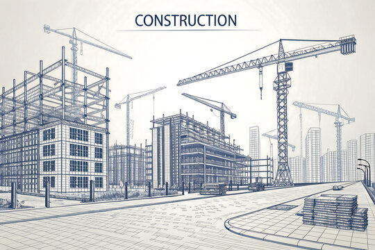 Architectural sketch of a city skyline under construction with cranes - Powered by Adobe