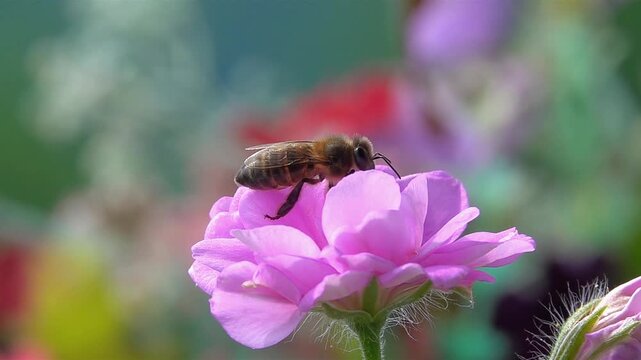 Bee on pink rose flower. Cleans its antennas before taking off. Closeup view