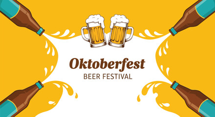 Oktoberfest beer festival is displayed with two beer mugs and flowing beer bottles
