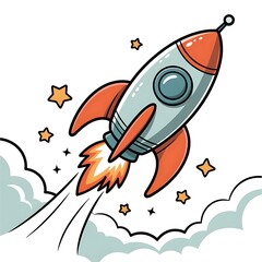 Whimsical cartoon rocket ship ascending through clouds and stars on a space adventure