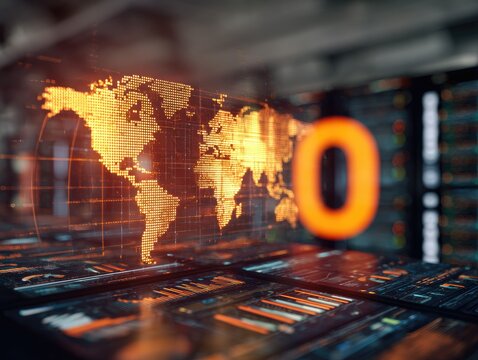 Futuristic world map overlaid on server room displays