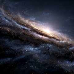 A dark sky with a large spiral galaxy in the center