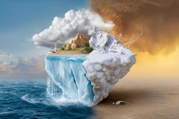 Surreal island half stormy desert half icy ocean with wind turbine and lightning