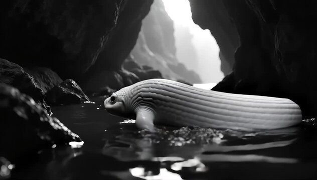 Olm running gliding through an underground stream