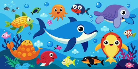 Underwater seamless vector illustration set with various marine animals
