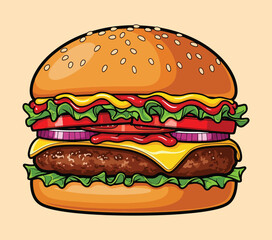 A vector illustration of a cheeseburger with all the classic toppings and sauces

