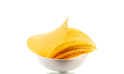 Crispy potato chips isolated on white background, close-up.