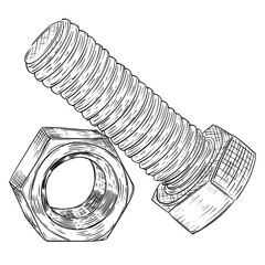 Bolts and nuts vector sketch line art hand drawn illustration 