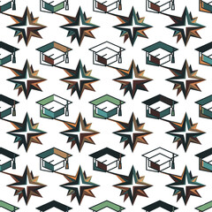 A repeating pattern of graduation caps and starbursts on a white background forming a seamless design