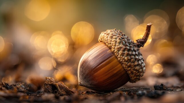 Close-up of a single acorn on the ground.