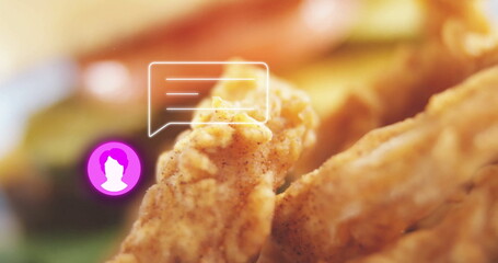 Displaying fried chicken pieces on plate, showing green garnish, speech icon and purple avatar icon