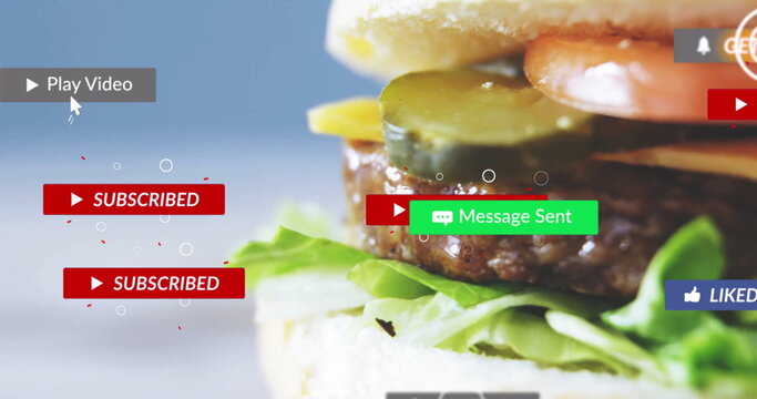 Showing stacked burger with pickles, tomato, cheese in studio with UI overlays, copy space - Powered by Adobe