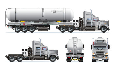 Semi trailer truck petroleum liquid oil tanker heavy cargo industries 3D model view from various angles vector set illustration