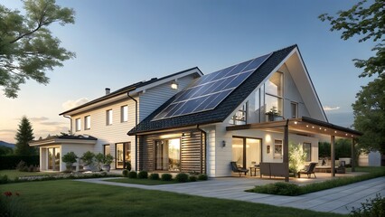 Modern Eco-Friendly Home with Integrated Solar Panels at Dusk