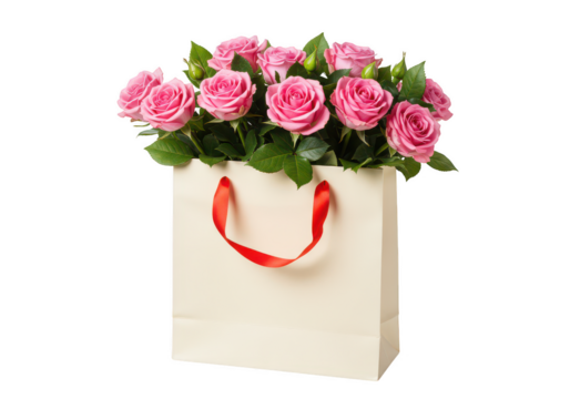 Pink roses bouquet in a gift bag with red handles, isolated on transparent background