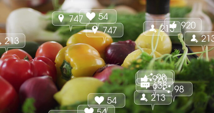 Featuring peppers plums lemons onion and herbs on kitchen counter, with social media overlay icons