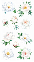 Watercolour floral illustration set. White flowers bud individual elements collection. Rose, peony. Wedding invitation, prints fashion, bouquet, leaf, invitation, wedding, drawing, frame, wallpaper, 