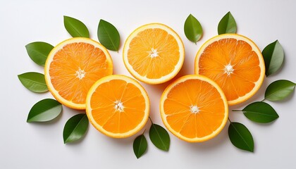 bright orange slices arranged with green leaves on a white background showcasing fresh citrus fruits and their vibrant colors