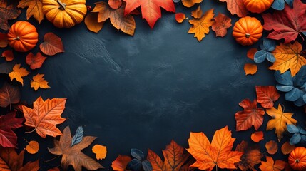 Autumn frame with colorful leaves and pumpkins on dark background, flat lay, top view, banner with copy space. Fall leaf and vegetables border. Concept of Thanksgiving, Harvest Day, Halloween