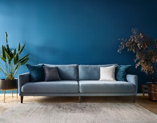 interior background of a living room with comfortable sofa and blue wall