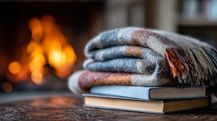A blanket is on top of two books and a fireplace