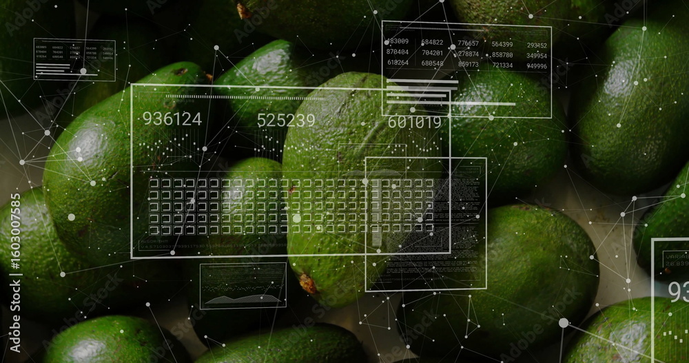 Poster displaying green limes filling macro frame, with numeric ui panels, grid overlays and node network