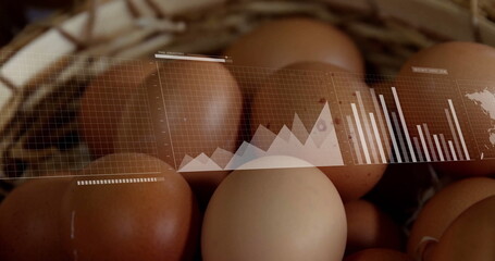 Presenting brown and cream eggs nestling in wicker basket in kitchen, with digital graphs overlay