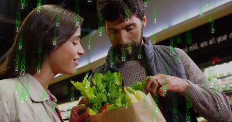 Examining couple holding grocery bag with lettuce bananas peppers in store aisle, binary overlay