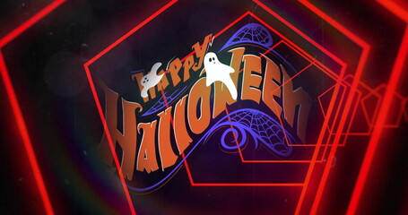 Naklejka premium Displaying Happy Halloween text glowing on virtual stage, with ghosts, spider webs, red neon frames