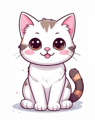 Obraz premium Cute cartoon white cat with big brown eyes, pink cheeks, and a striped tail sitting and smiling.