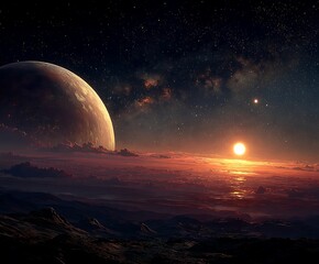 the image portrays a celestial landscape with a reddish orange color scheme. a large planet looms prominently in the upper left, partially obscured by clouds